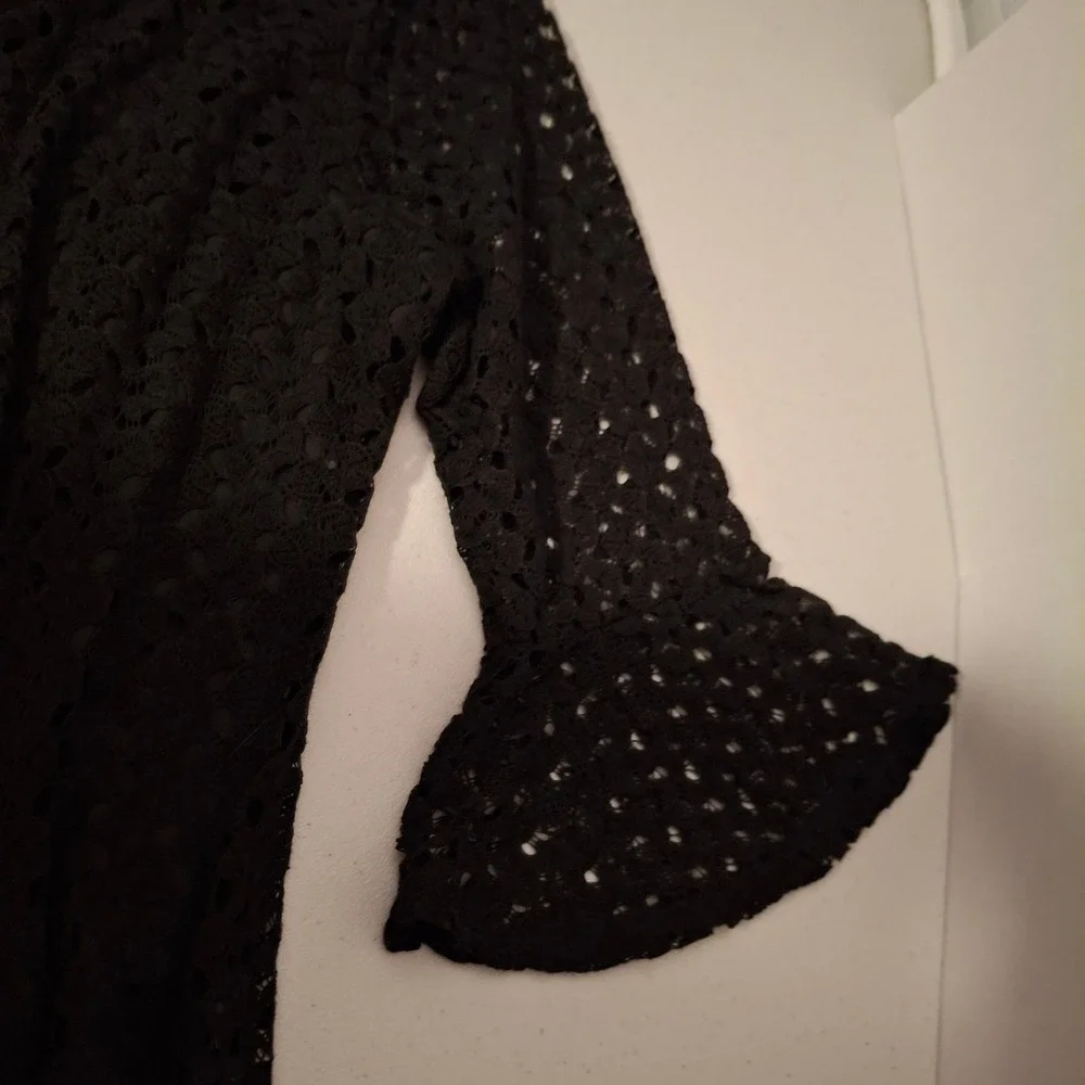 Naif Black Lace V Neck Crochet Bell‎ Sleeve A Line Dress Plus Size 1X
